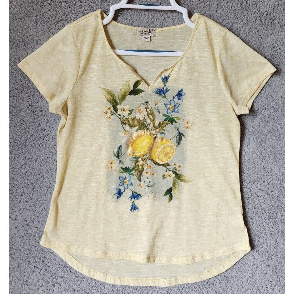 One World Women's Short Sleeve V Neck Tshirt Floral Lemons Yellow Linen Blend PM